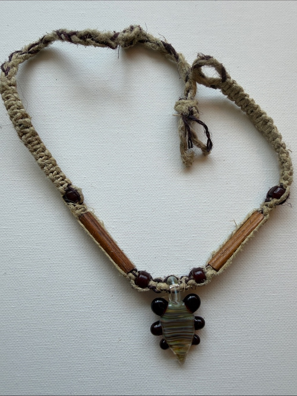 Handmade Green and Brown Bead Hemp Necklace with Glass Pendant